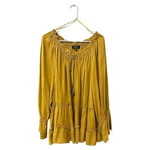 Melissa Paige Tiered Tunic Plus Size 2X Mustard Color Bell Sleeve Beaded Tassel