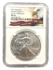 2021 $1 American Silver Eagle Heraldic Eagle T-1 NGC MS70 - Final T-1 Production