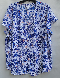 Liz Claiborne Women's 2X Plus Size Blouse Blue White Floral Print Flutter Sleeve