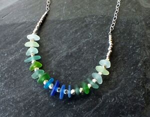 Natural Beach Sea Glass & Sterling Silver Necklace, Artisan Jewelry, Turquoise