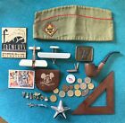 Vintage Junk Drawer Lot Knife, Boy Scout Items, Coins, Toys, Mickey Mouse