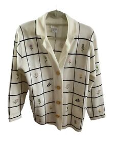 Vintage 1960s Lilly Of California White Floral Embroidered Cardigan Sweater Sz M
