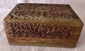 New ListingVintage Wooden Hinged Box With Carved Tooled Floral Design Red Felt Lined Inside
