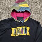 AKOO Mens Graphic Hoodie Sz XL Black Yellow Spell Out Colorful Hood EUC