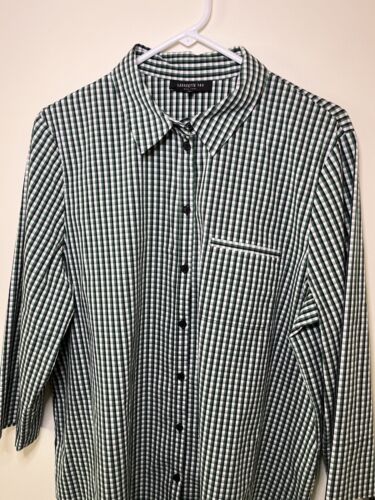LAFAYETTE 148 New York Plaid Cotton Button Up Shirt 3/4 Sleeve Blouse Size L