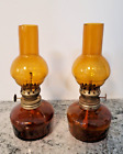 Set Of 2 Vintage Amber Miniature Glass Oil Lamps Hong Kong 8 1/4