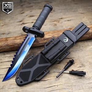 Combat SURVIVAL Tactical BLUE Fixed Blade BOWIE Hunting Knife MULTITOOL + Sheath