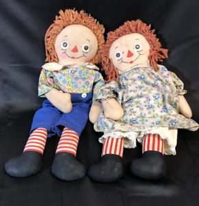 Very Old, Well-Loved Raggedy Ann and Andy Dolls Rare Vintage 20 in. Tall