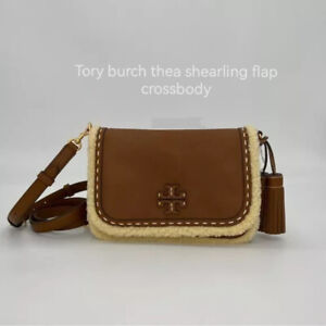 Tory Burch Thea Shearling Flap Crossbody Bag in Elk Brown