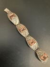 Vintage Mexico Silver Link Ornate Bracelet With Large Pink Stones