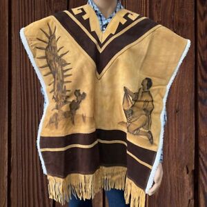 AUTHENTIC & UNIQUE MEXICAN LEATHER WOOL HAND MADE FRINGED PONCHO GABAN PIEL LANA