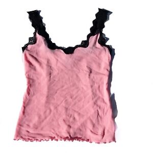 y2k coquette grunge pink mesh tank top with black lace trim alfani size small