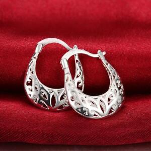 Womens 925 Sterling Silver Hollow Flower U-Shaped Vogue Hoop Earrings #E187