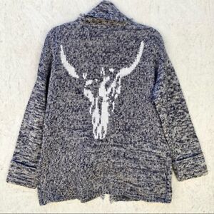 $495 Skull Cashmere Wool Western Cow Skull Fringe Open Front Cardigan Sweater