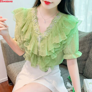 Elegant Korean Women Ruffle Beads Chiffon V-neck Summer Fairy Tops Shirt Blouse