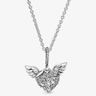 NWT AUTHENTIC PANDORA SILVER NECKLACE HEART AND ANGEL WINGS #398505C01 17.7 inch