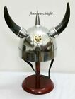 Medieval Norman Viking Helmet Armor With Black Horns Greek With Red Wooden Stand