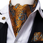 USA Men's Ascot Cravat Tie Silk Gold Paisley Hanky Cufflinks Set Wedding Event