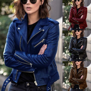 Women Faux Leather Jacket Coat Long Sleeve Zipper Short Lapel Moto Biker Jackets