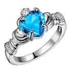 Fashion Silver Sea Blue Zircon Crown Wedding Engagement Claddagh Ring 6