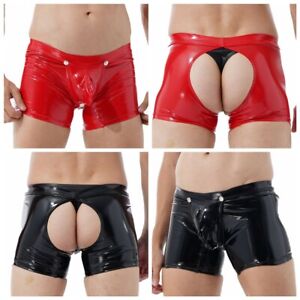 Men's Wet Look Boxer Shorts Open Butt Hot Pants Patent Leather Pouch Underwear