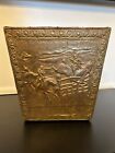 Antique Brass Over Wood Fireplace Tool Box Horse Battle Equestrian Embossed