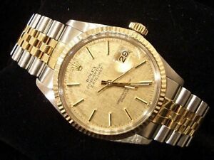 Rolex Datejust Mens 2Tone 18K Yellow Gold Stainless Steel Watch Linen Dial 16013