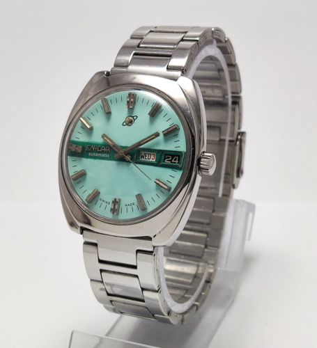 Enicar Light Turquoise Dial Automatic 24 Jewels Day Date Men's Wrist Watch AR167