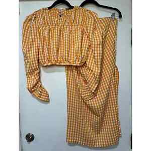 Zara Women's 2 Piece Set Top Skirt Orange Vichy Gingham Checkered Side Medium