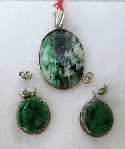 Vintage Sterling Silver & Jade (Maw Sit Sit Jadeite) Pendant & Earrings Set