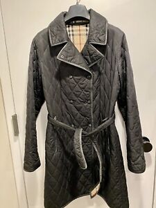 Burberry Women’s Black Quilted Leather Trim Long Trench Coat Jacket Size S