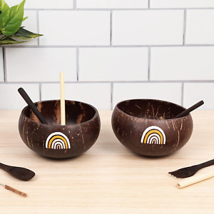 New ListingNEW Coconut Bowls Set of 2 – Rainbow Design Wooden Bowls with accesories