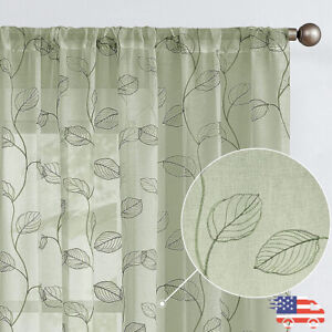 2 Panels Sheer Leaf Embroidered Treatments Window Curtains for Living Room