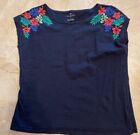 Talbots S Small Navy Blue Hibiscus Floral Embroidered Cap Sleeve Tee Top Shirt