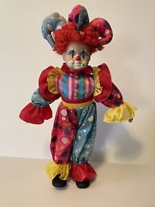 Vintage Clown Jester Doll 18 inch With Stand Bisque Face and Hands EUC Harlequin