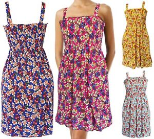 Summer Sundress for Women Floral Beach Cover Up Sleeveless Smocked Dress