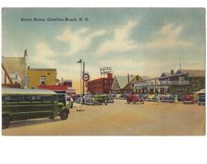 c1940 Street Scene Hotel Bame Carolina Beach North Carolina NC Linen Postcard