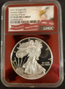 2021 W T-1 NGC PROOF PF70 ULTRA CAMEO FIRST DAY OF ISSUE SILVER EAGLE RED FOIL