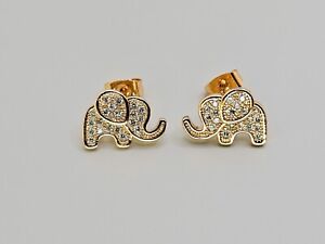 Elephant Stud Earrings 18K Gold with White Clear Cubic Zirconias