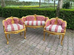 Exquisite French Style Sofa Set in Damask Red Stripes - 3 Pieces