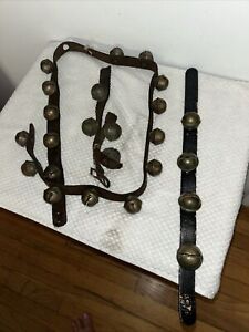Vintage Horse Harness Sleigh 24 Brass Bells Original Leather Straps