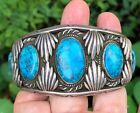 BEST! 130gr Big Vintage Sterling Silver & Turquoise Bracelet Navajo Southwestern