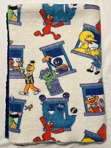 Vintage Sesame Street Blanket Fleece Satin Trim Windows Big Bird Elmo Cookie