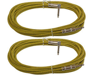 2 woven tweed cloth shielded 1/4 guitar bass keys patch cable 12 ft foot yellow