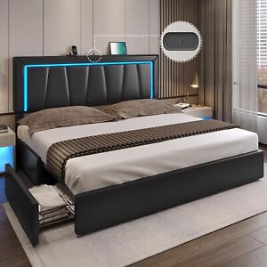 King Size Bed Frame Modern Upholstered Platform Bed Frame with Led Lights(Black)