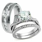 Trio His Her Bridal Real Moissanite  Ring Set Wedding Band 14K White Gold Plated