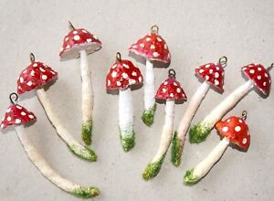 Christmas ornament vintage 9 red fly agaric long stems red mushrooms spun cotton