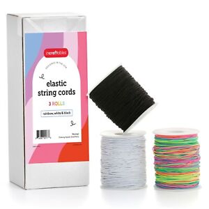 Elastic String Cords Set of 3 Rolls (White, Black & Rainbow) by Incraftables