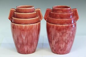 Pair Brush McCoy Kolorkraft Pottery Art Deco Atomic Moderne Rocket Vases 7.5