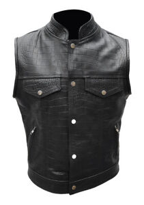 Mens Crocodile Print Real Leather Waistcoat Motorcycle Bikers Style Vest Jacket
